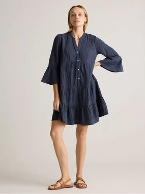 Quince Organic Cotton Gauze Long Sleeve Mini Dress in Navy Size X-Large